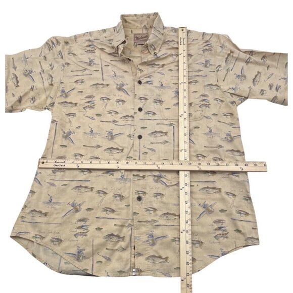 Woolrich Men's Fish Print Short Sleeve Button-Up Shirt Size Large Beige Cotton - Picture 2 of 4